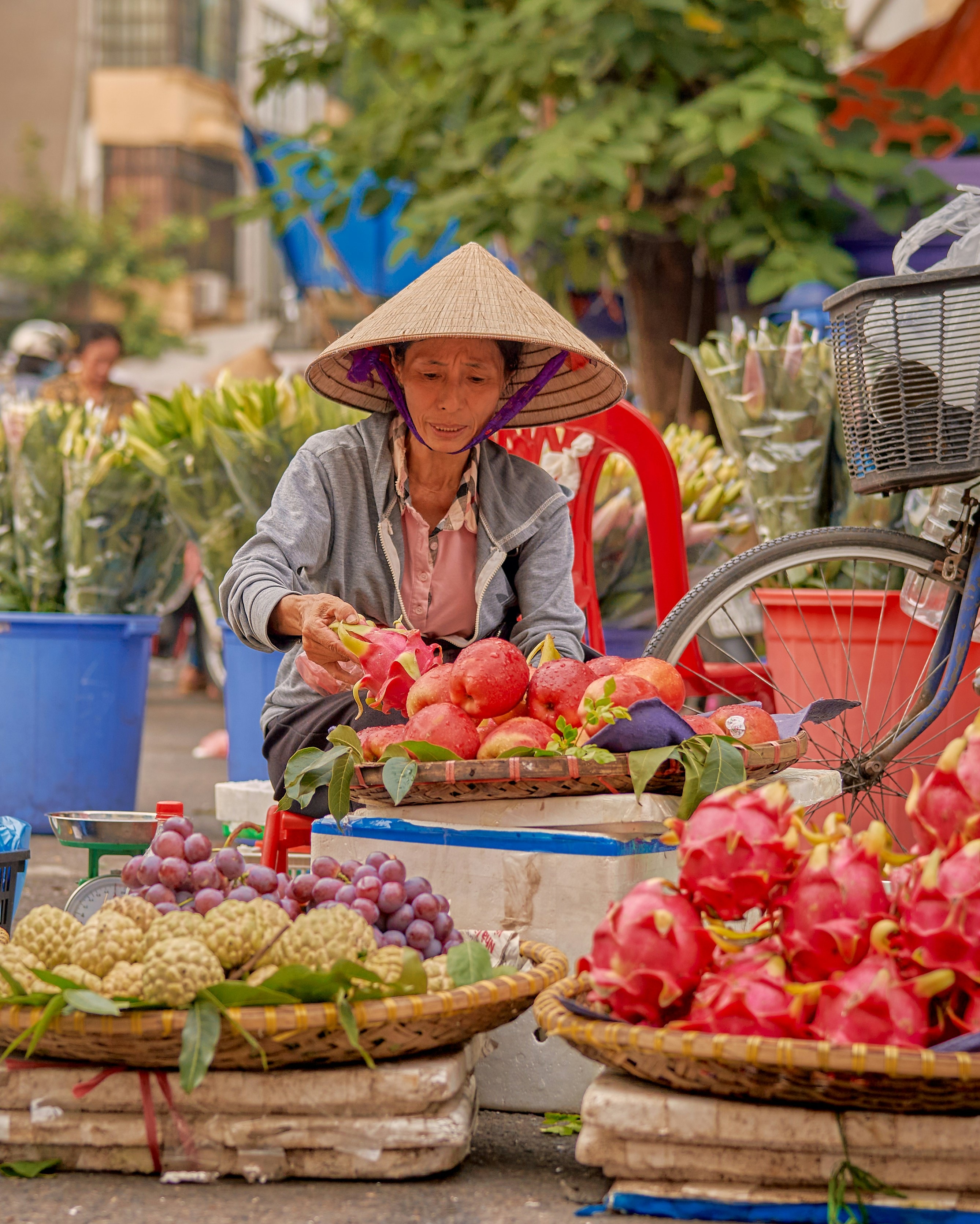 Fruit and flowers, laid out before the heat arrives